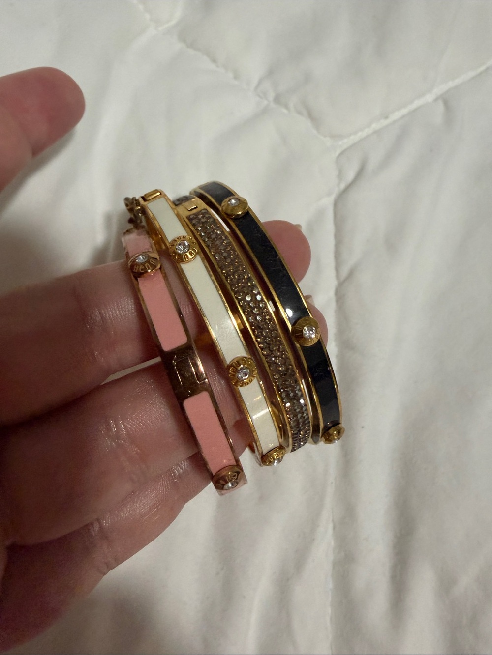 henri bendel Gold-Tone Stackable Bangle Set with Pink, White and Black Enamel